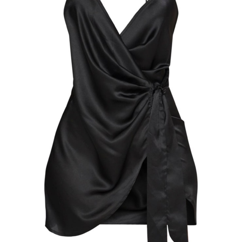 Black Satin Halterneck Wrap Bodycon Dress - Picture 4 of 6